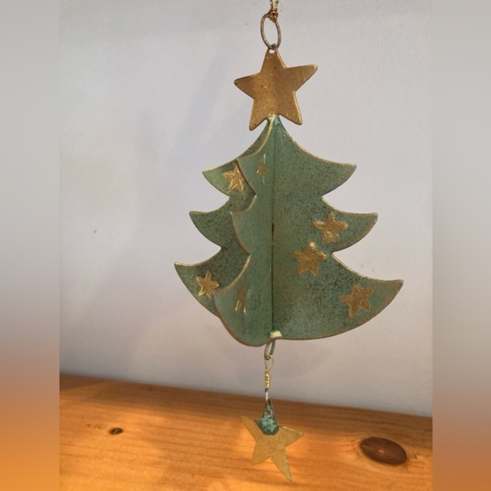 Vintage Metal 3D Christmas Tree Ornament Rustic Green Gold Stars Hanging Star